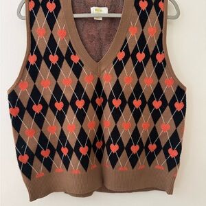 Brown and Black Argyle Sweater Vest with Orange Hearts